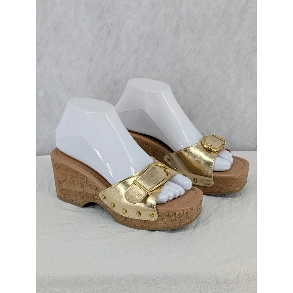 Time and Tru Gold Metallic Wedge Sandals 6 Cork Platform Studded Buckle Glam